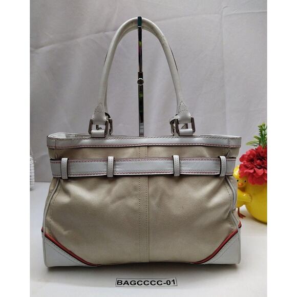 Coach Hampton Beige Canvas White Leather Trim Zipper Closure Tassel Satchel Bag - Picture 2 of 14